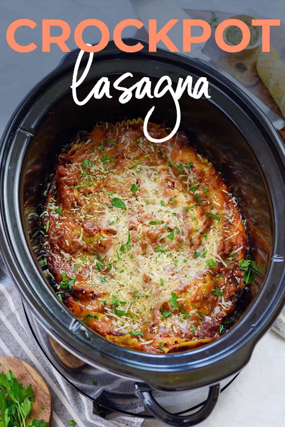 crockpot lasagna recipe in slow cooker with text for pinterest.
