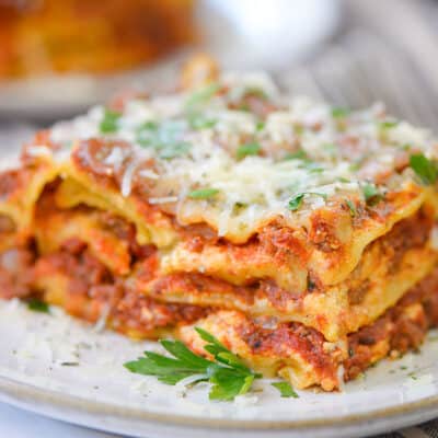 piece of crockpot lasagna on plate.