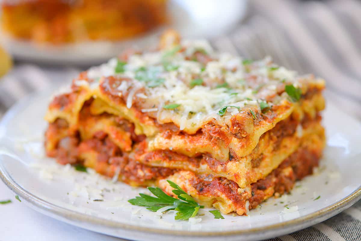 piece of crockpot lasagna on plate.