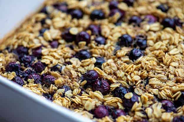 blueberry baked oatmeal in baking dish