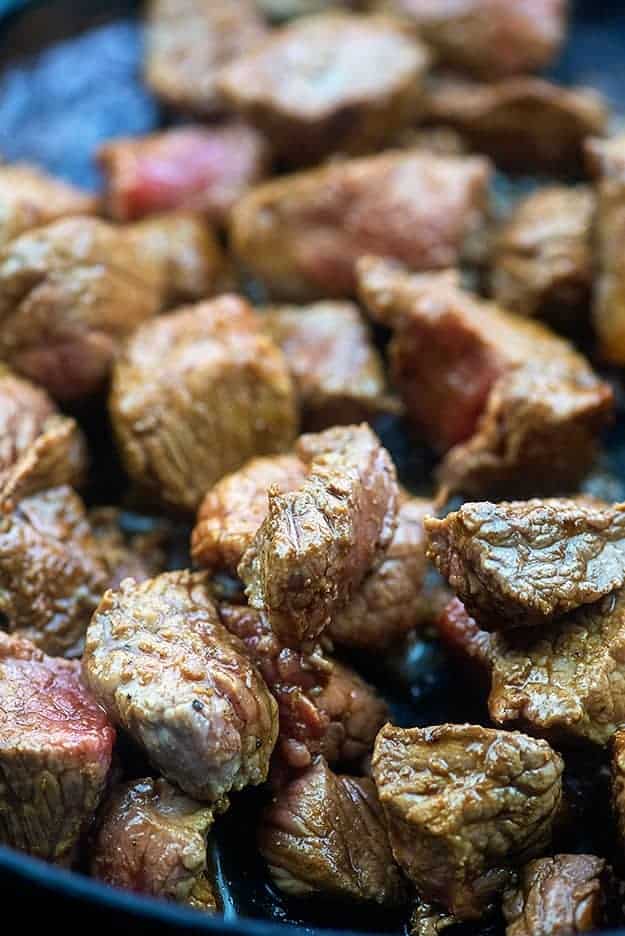 stew meat in cast iron skillet