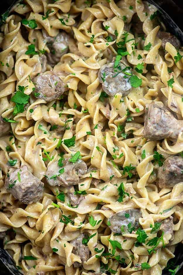 slow cooker beef stroganoff close up