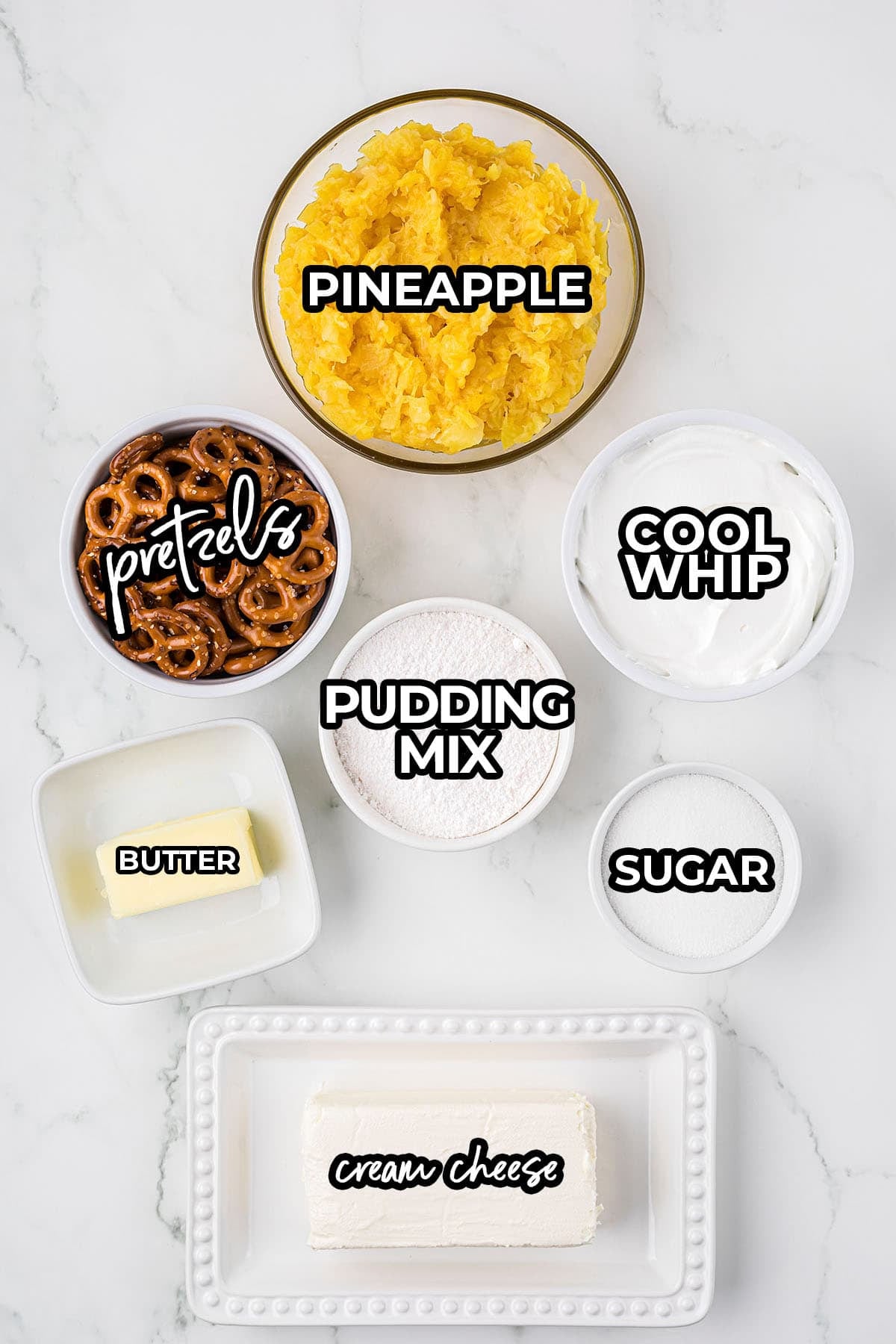 Ingredients for pineapple pretzel salad.