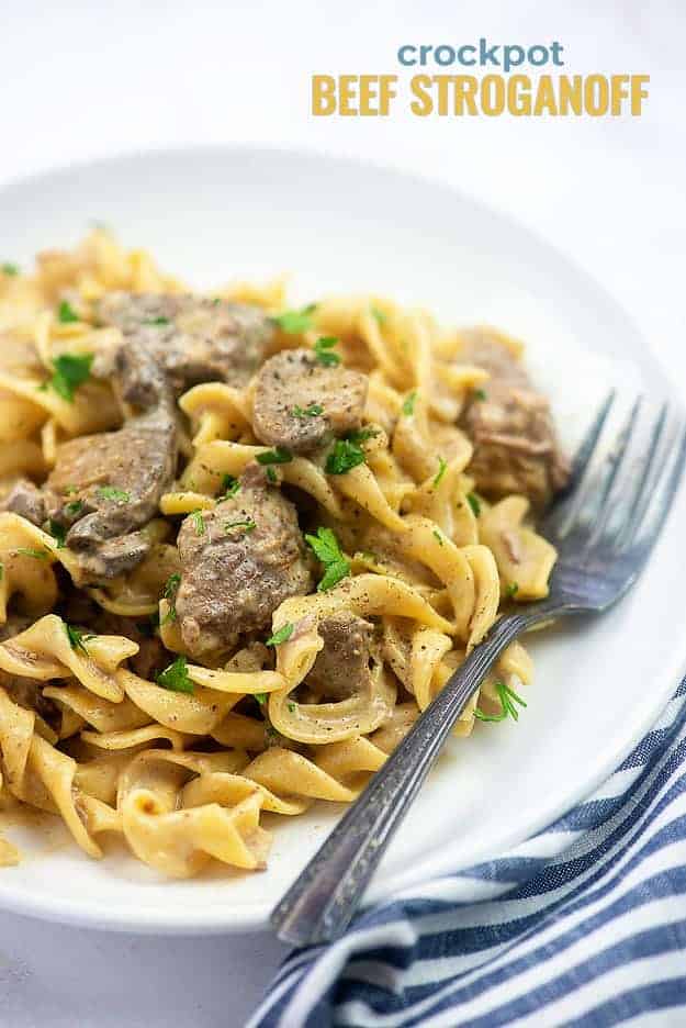 A plate of Beef Stroganoff on a small white plate.