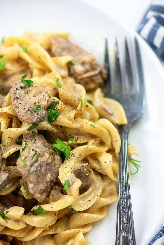 Slow Cooker Beef Stroganoff creamy noodles mixed with tender beef!