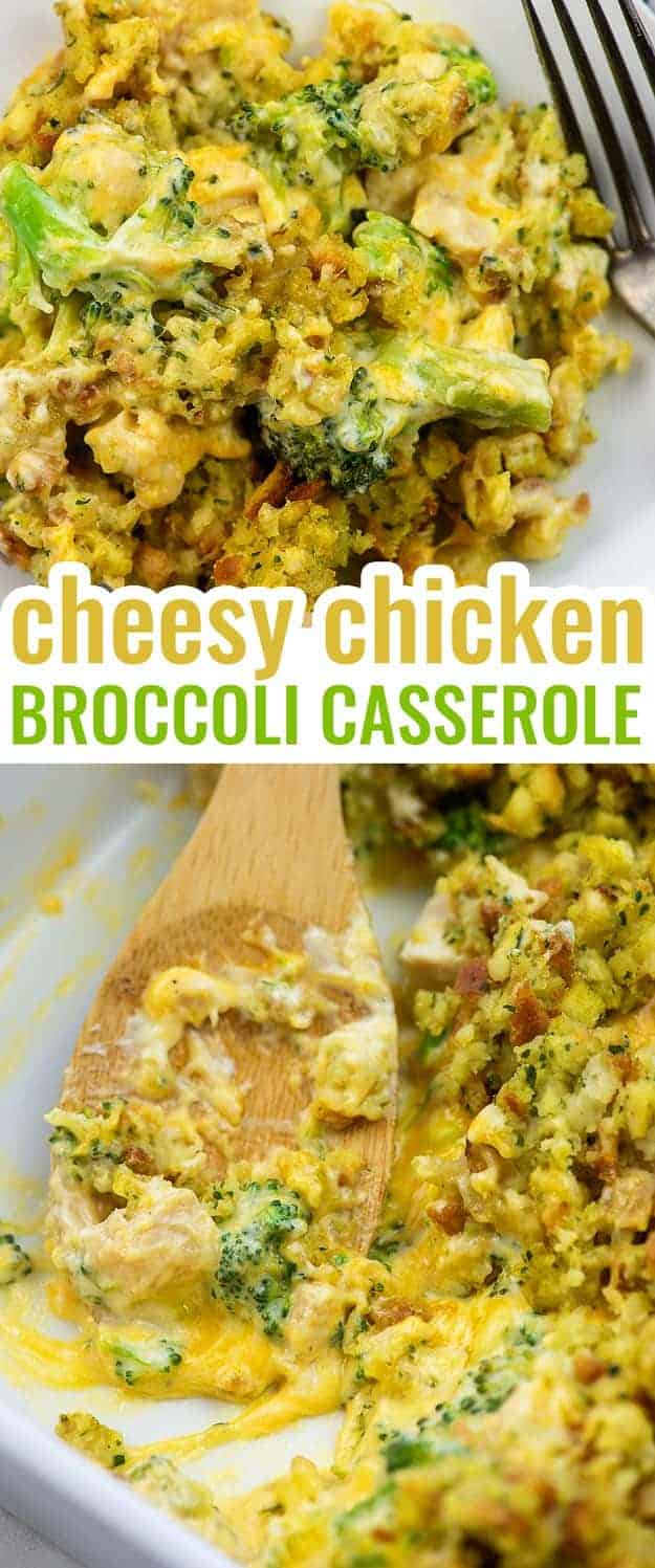 Cheesy broccoli with diced chicken on a wooden spoon.