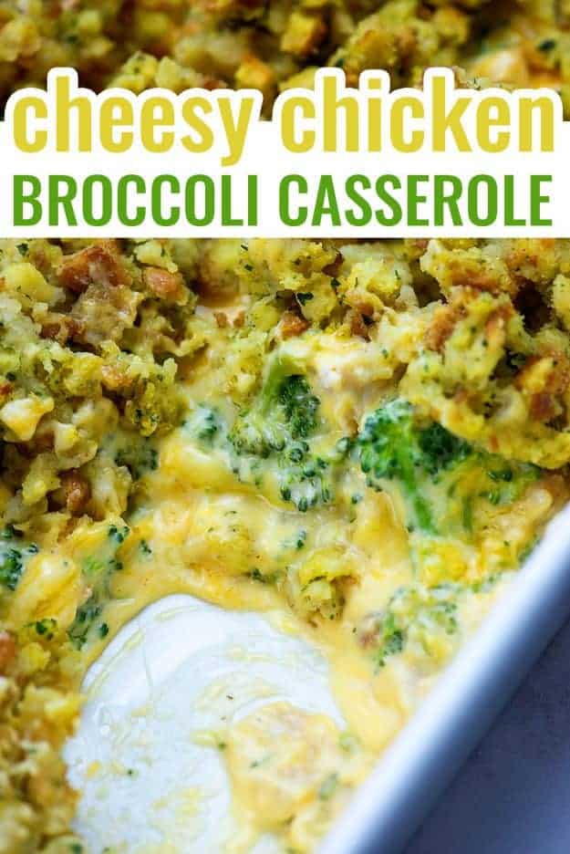 chicken and broccoli casserole in white baking dish with cheese