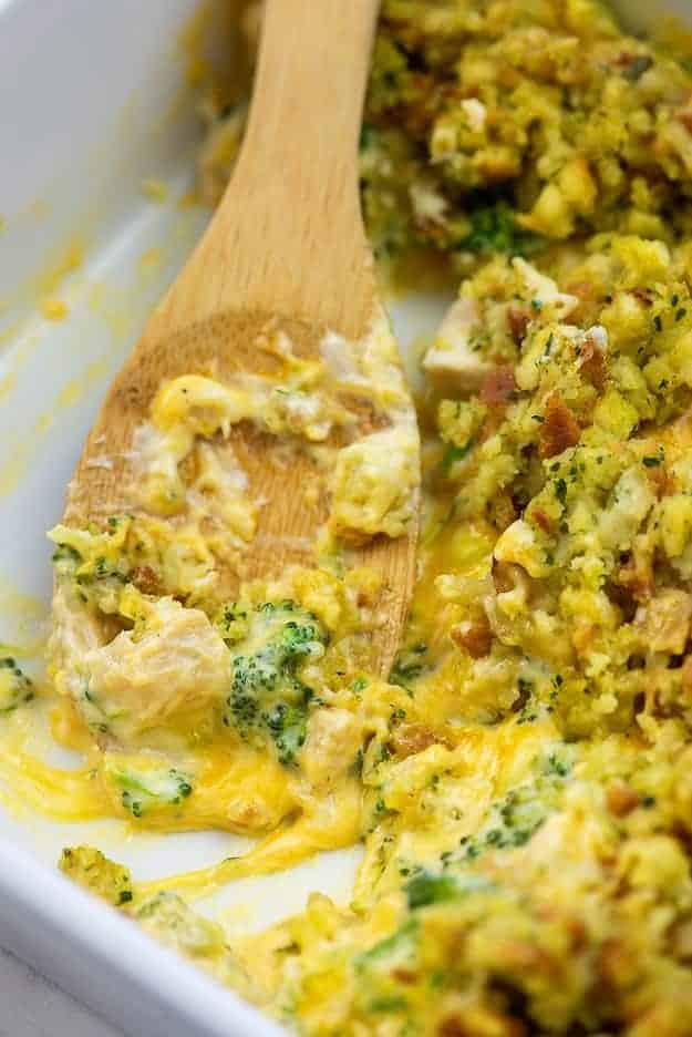 broccoli chicken stuffing casserole in white baking dish