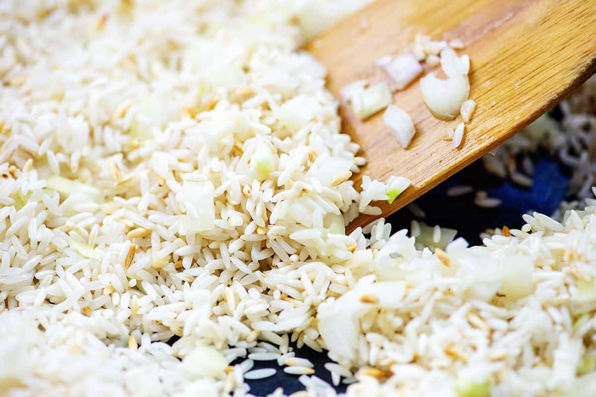 toasted rice in skillet.