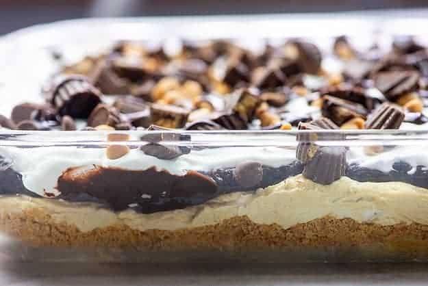 peanut butter lasagna in glass baking dish