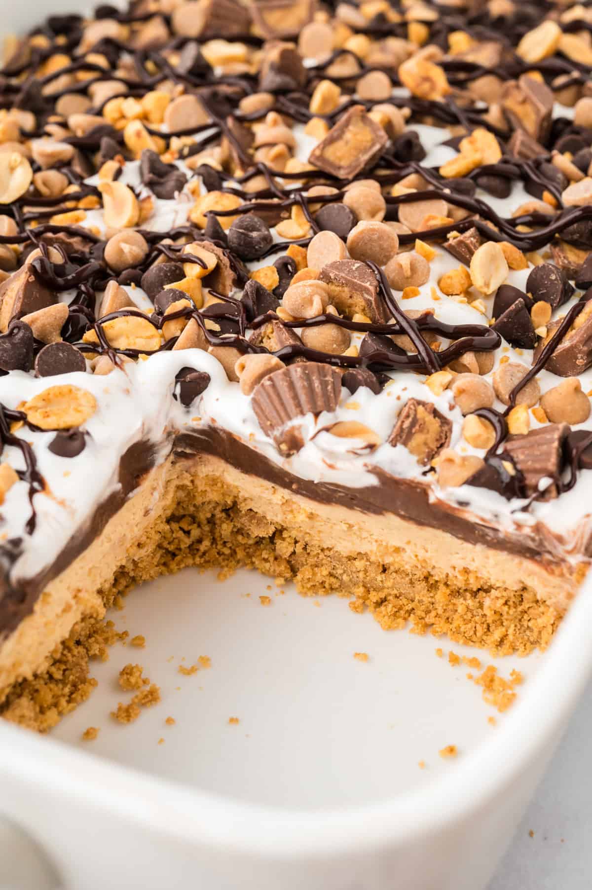Slice taken out of peanut butter lasagna recipe.