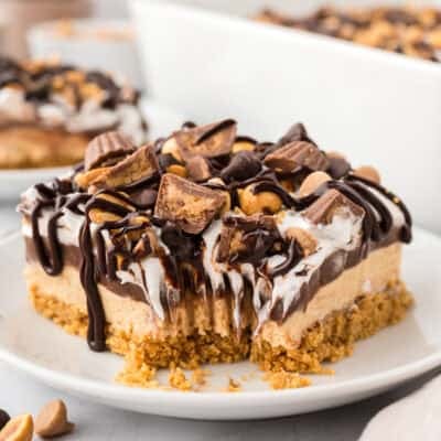 Peanut butter lasagna on white plate.