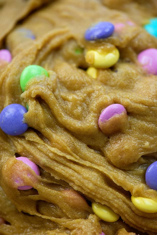 blondie batter with pastel m&ms