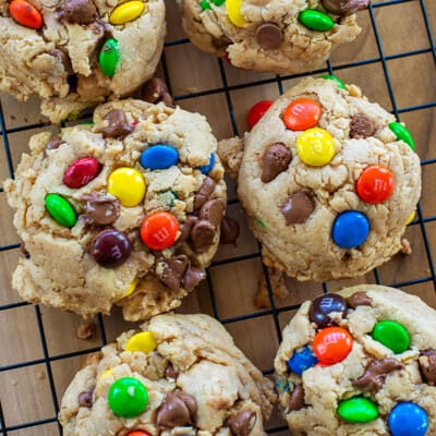 monster cookies on cooling rack.