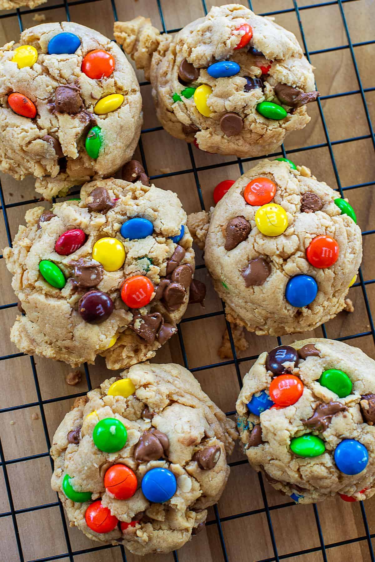 monster cookies on cooling rack.