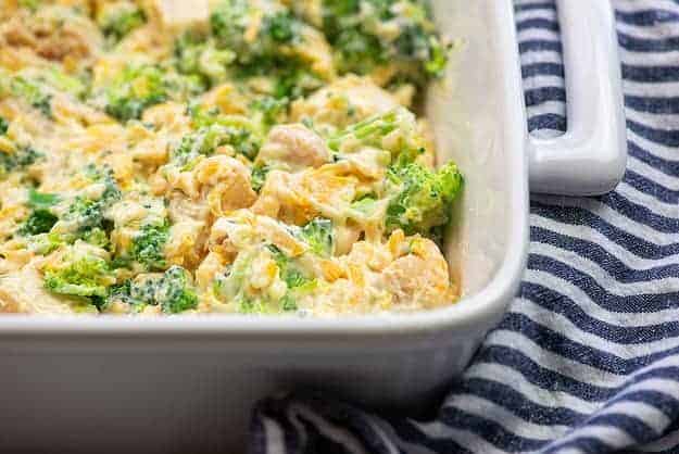 chicken and broccoli in white baking dish