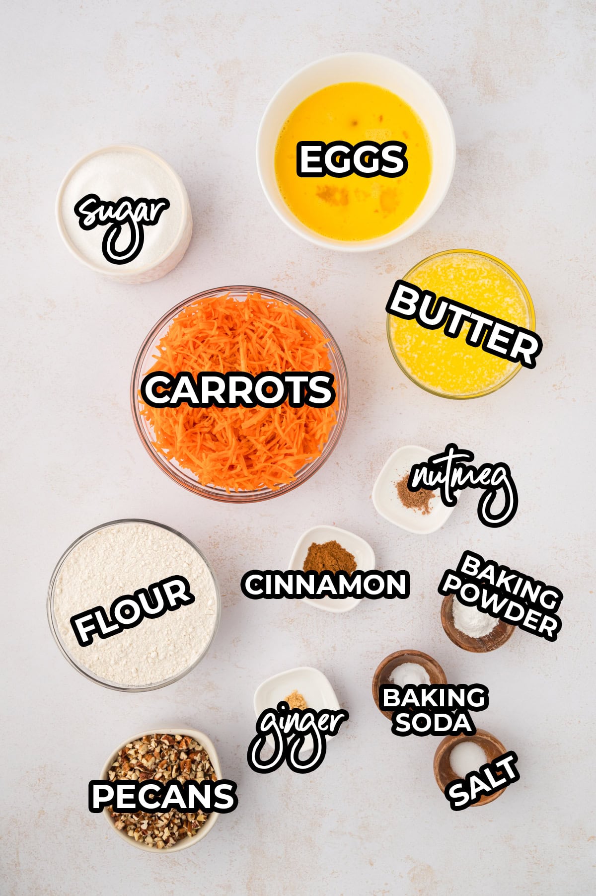 Ingredients for carrot cake bar recipe.