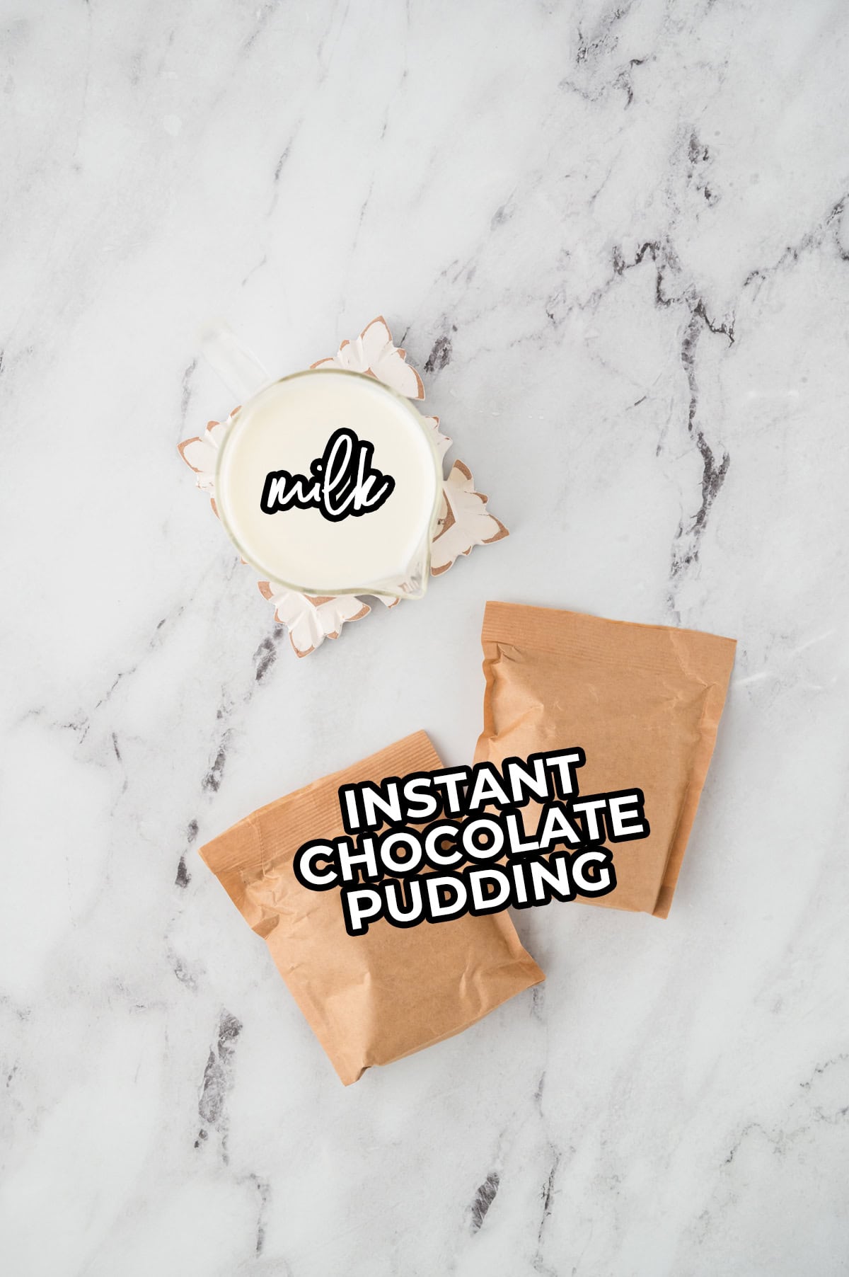 Ingredients for chocolate pudding on counter.