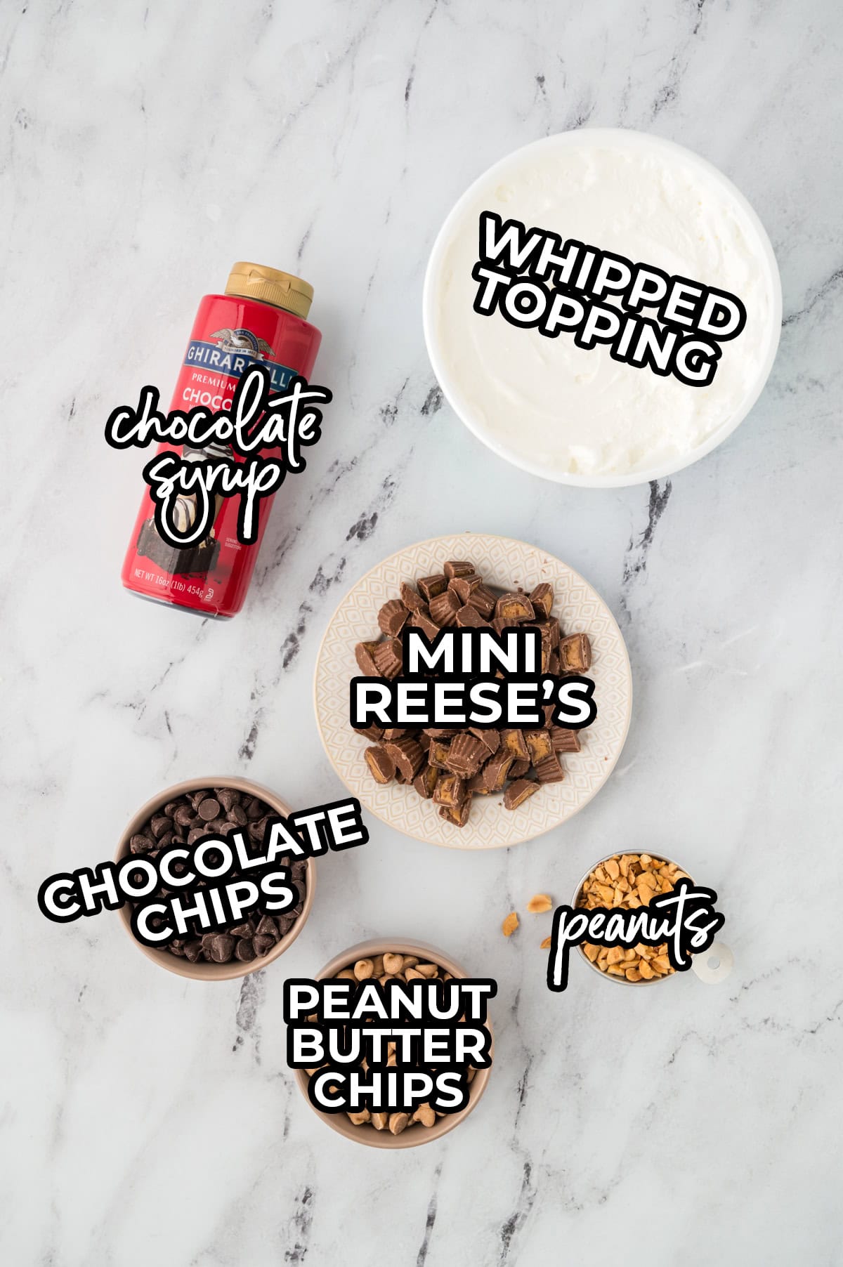 Toppings for peanut butter lasagna on counter.