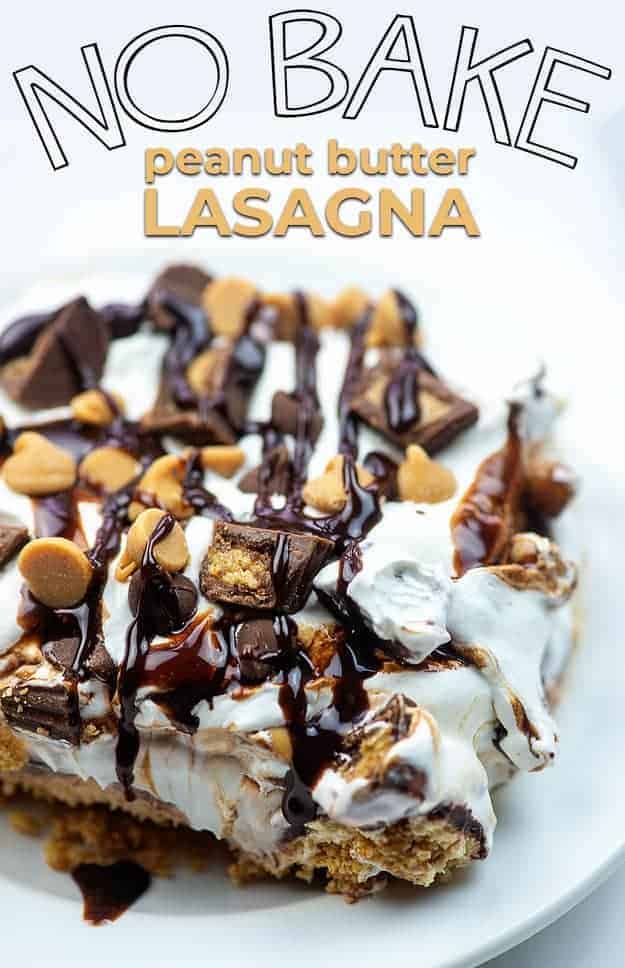 chocolate peanut butter lasagna on white plate