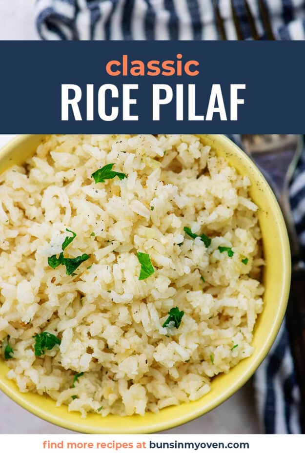 rice pilaf in bowl with text for Pinterest.