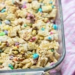 marshmallow cereal bars in glass baking dish with sprinkles