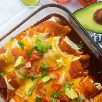 beef enchilada recipe in glass baking dish