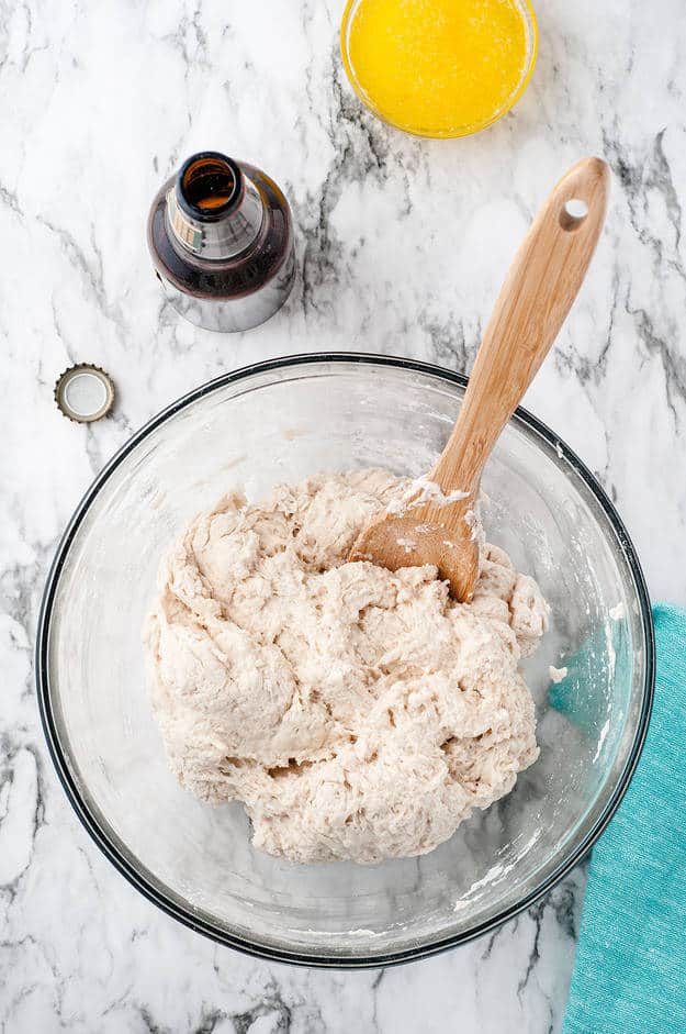 beer bread dough in glass bowl