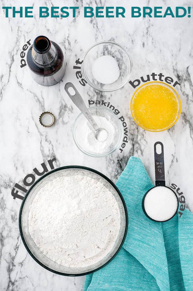 ingredients for beer bread on marble counter