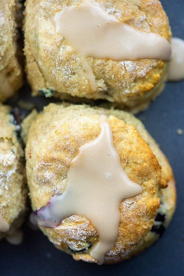 glaze drizzled over blueberry biscuit recipe