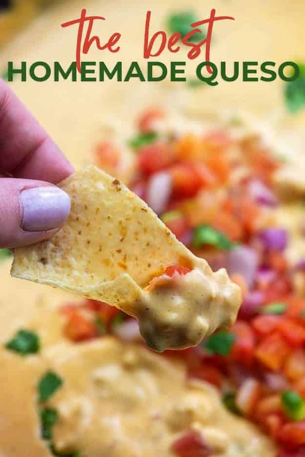 queso dip on tortilla chip