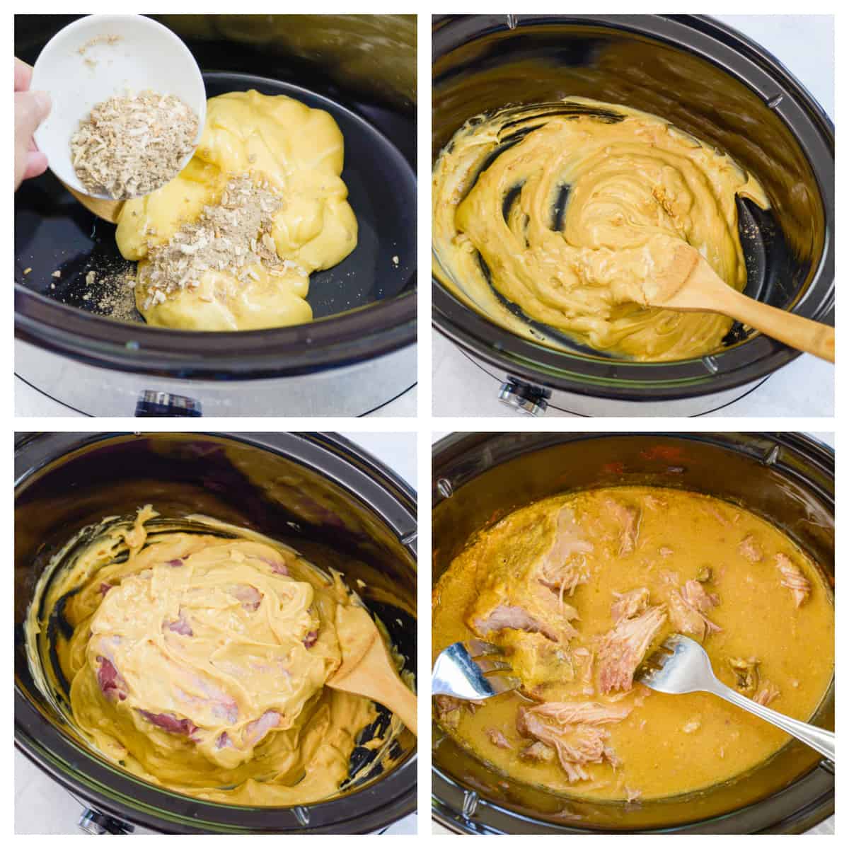 Collage showing how to make crockpot pork roast with gravy.