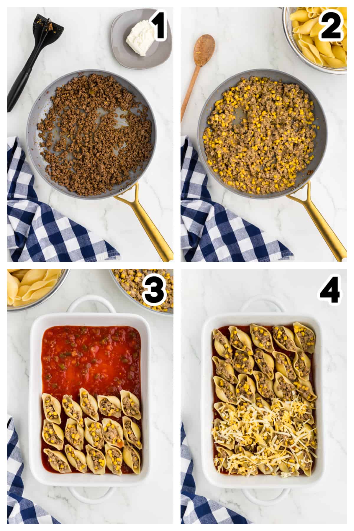 Collage showing how to make taco stuffed shells.