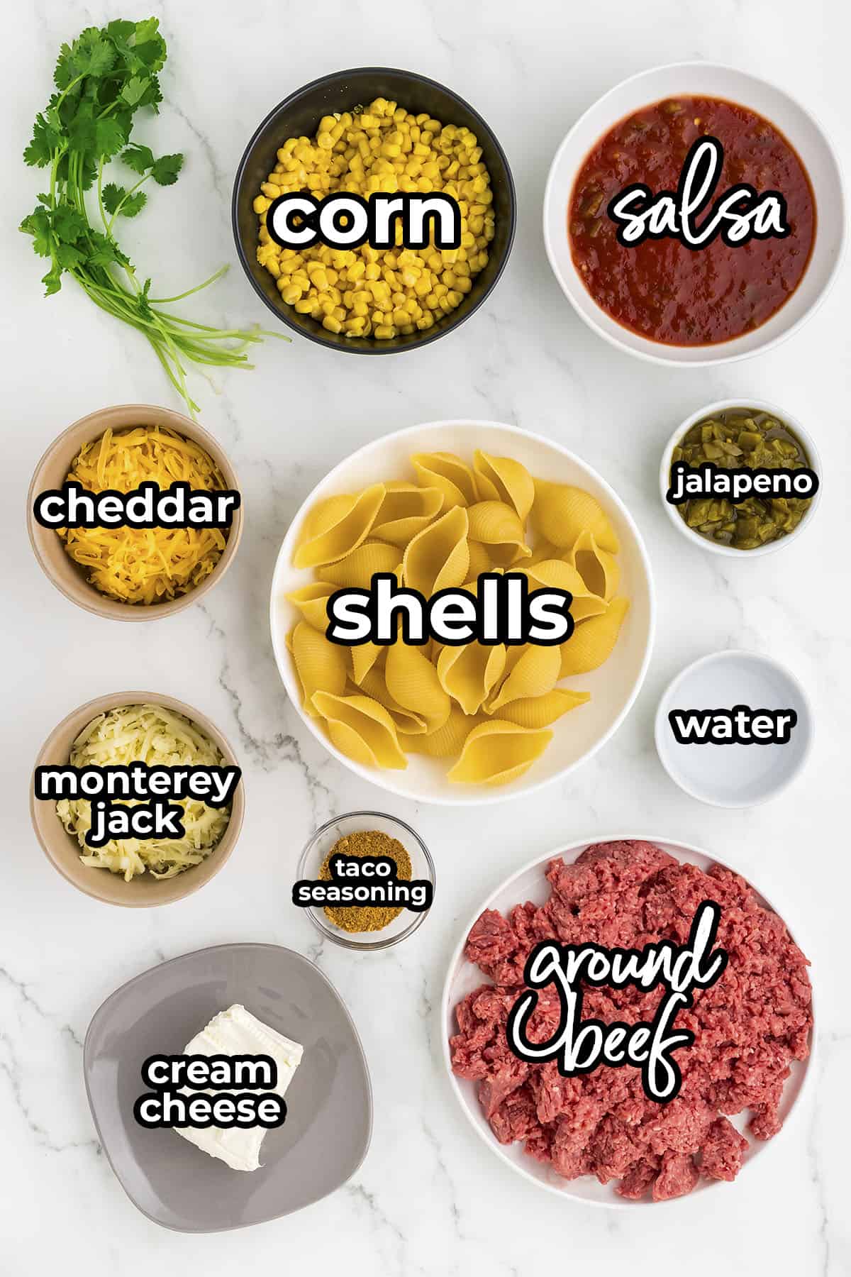 Ingredients for taco stuffed shells recipe.