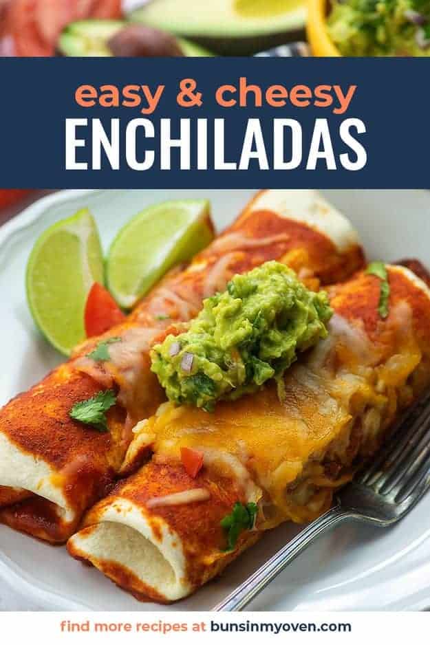 cheesy enchiladas on white plate with guacamole