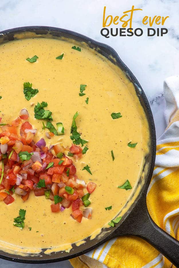 homemade queso dip recipe in cast iron skillet