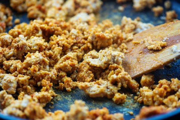 chicken taco meat in cast iron skillet