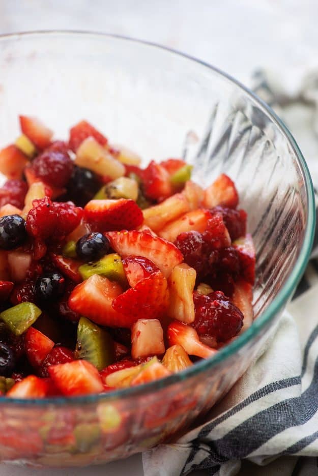 fruit salsa in glass mixing bowl