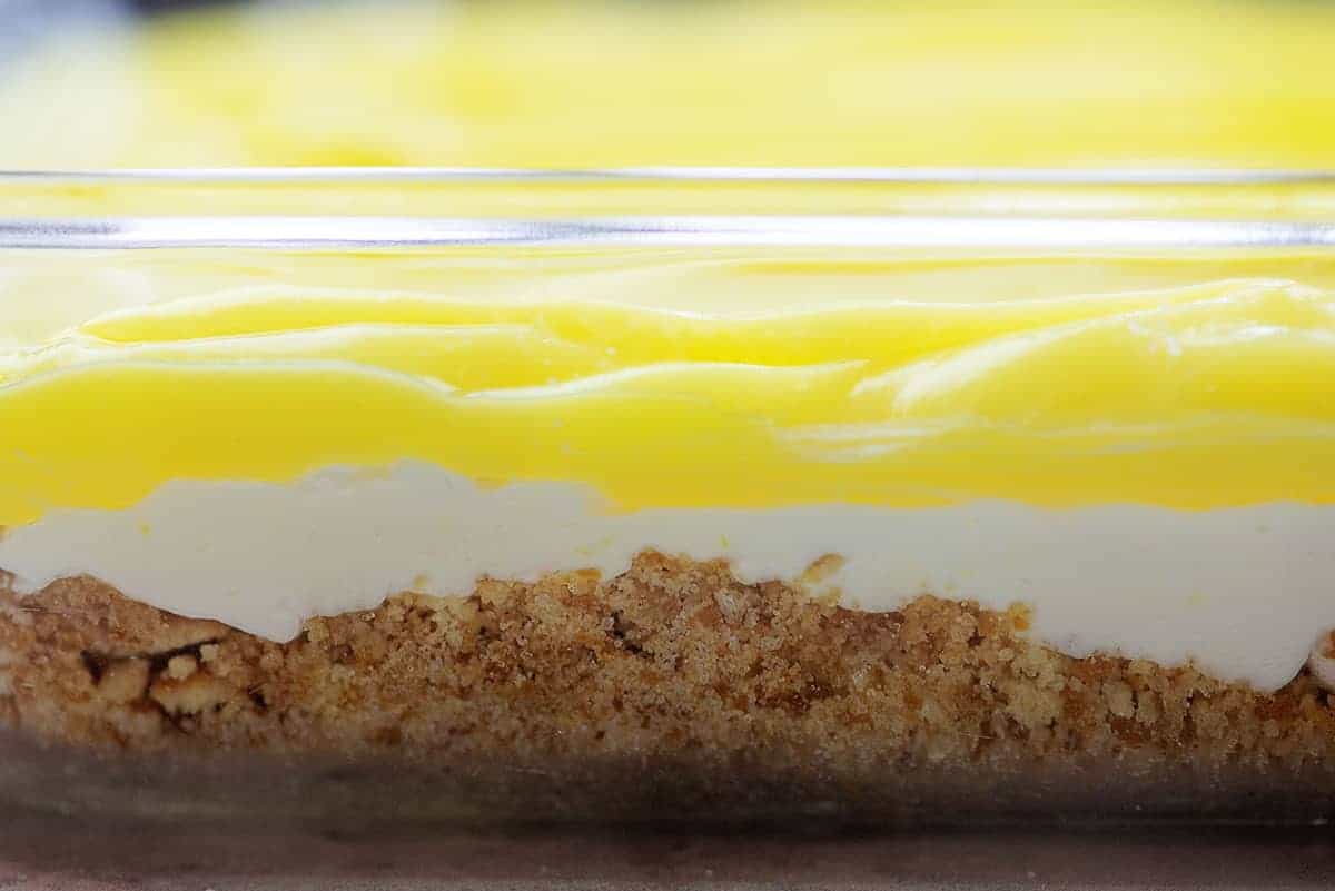 layered lemon lasagna in baking dish