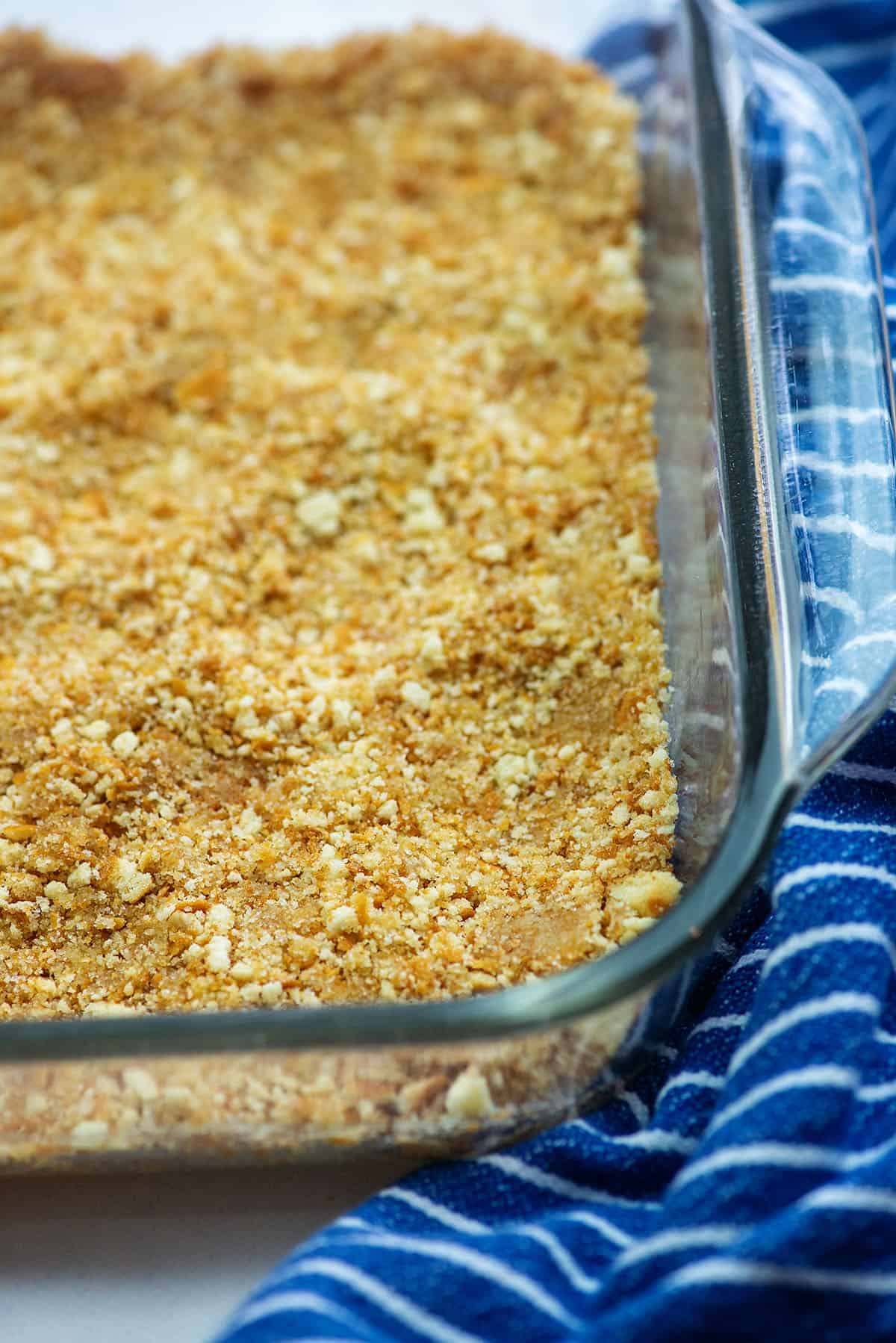 nilla wafer crust pressed into glass baking dish