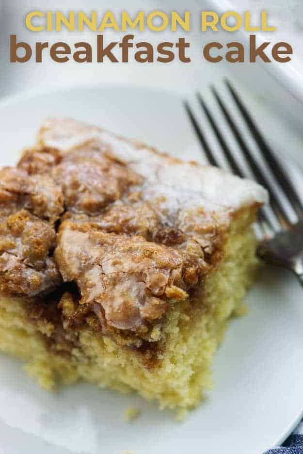 cinnamon roll breakfast cake recipe on white plate