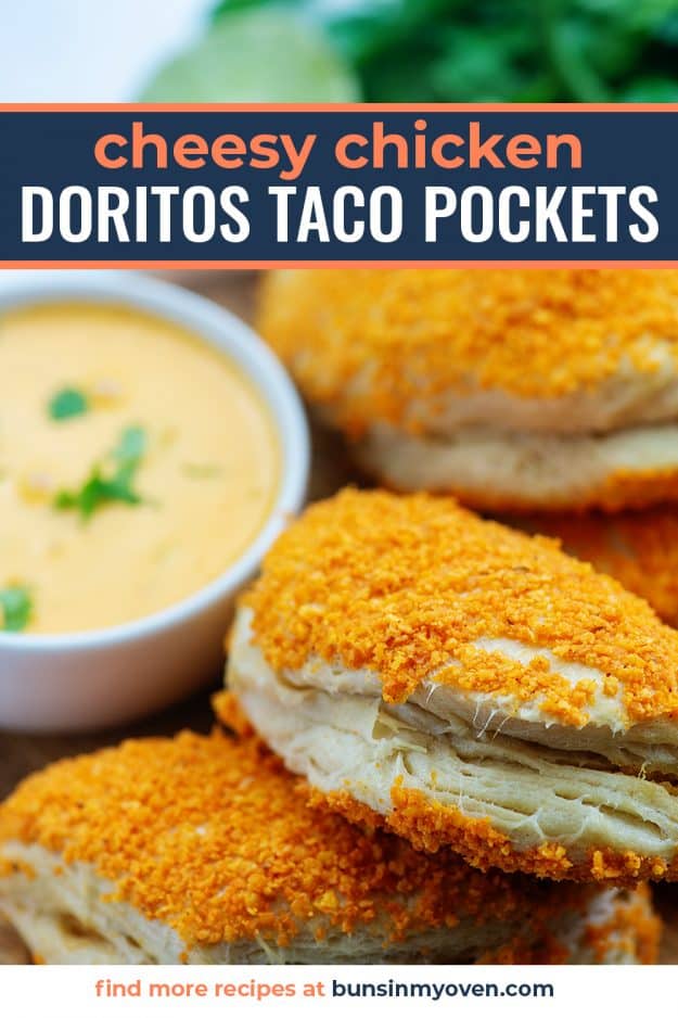 cheesy chicken doritos taco pockets in a pile with cheese dip