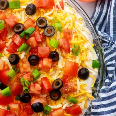 7 layer bean dip in glass pie plate