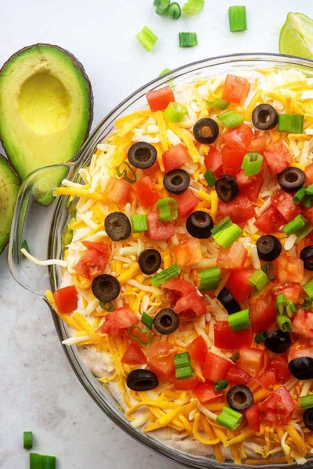 7 layer bean dip in glass pie plate