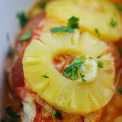 baked hawaiian pizza chicken in white baking dish