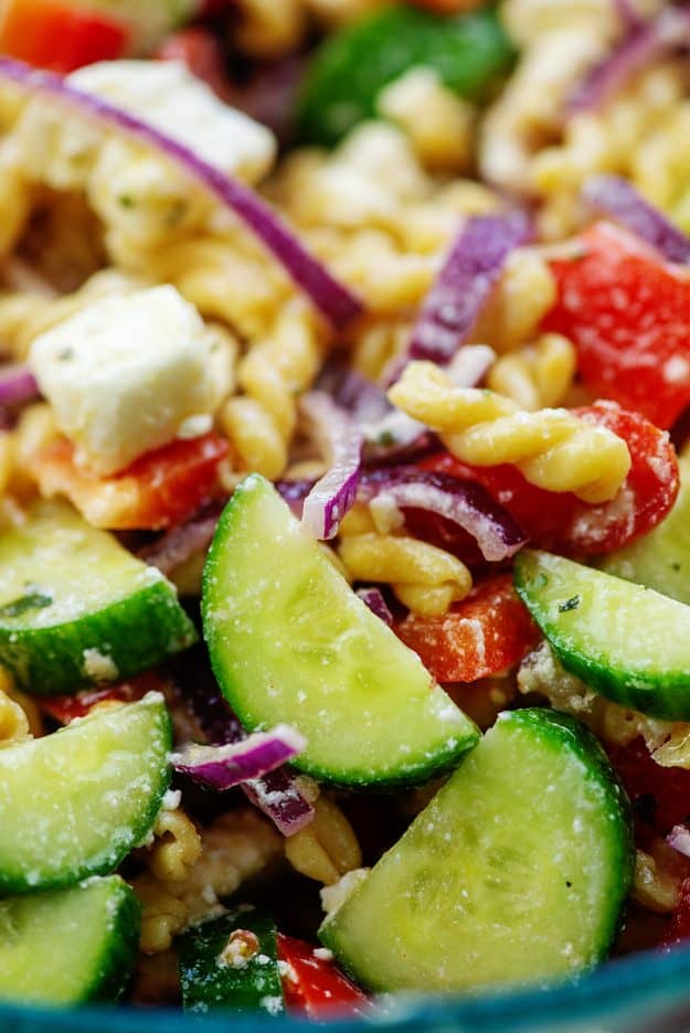 pasta salad with cucumbers, feta, and tomatoes