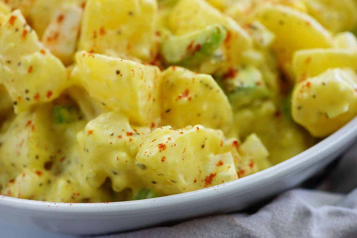 homemade Walmart potato salad in white bowl