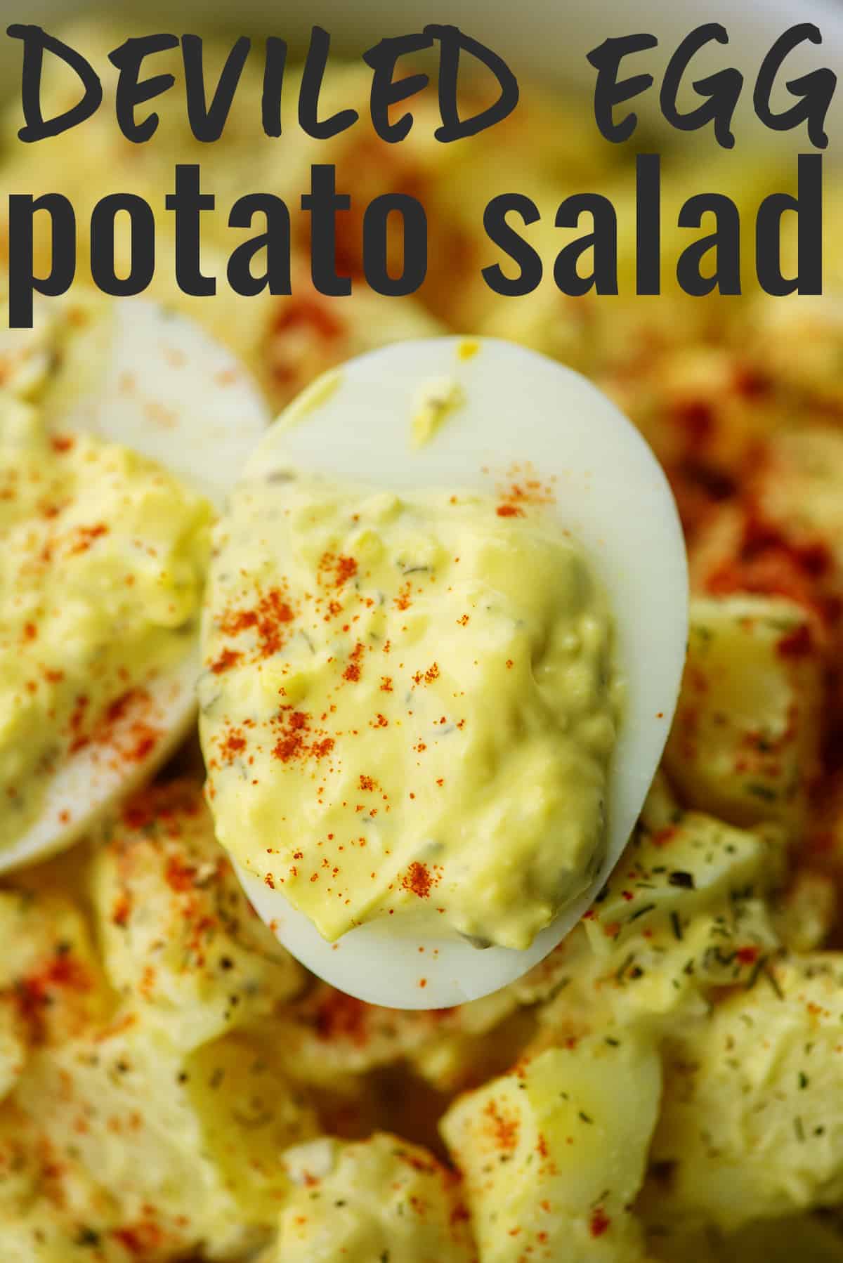 deviled egg in bowl of potato salad