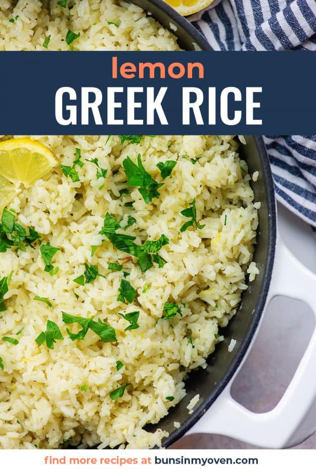 greek lemon rice recipe in cast iron skillet