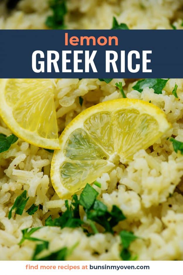 greek rice with lemon slices and parsley
